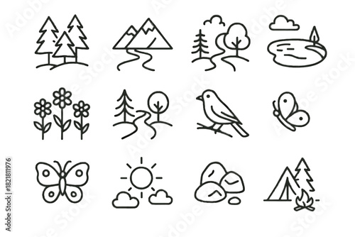Icon sun bird lake grid nature vector flowers river butterfly campsite mountains