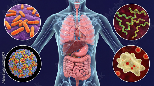 Human anatomy with bacteria viruses and parasites medical illustration for educational purposes isol