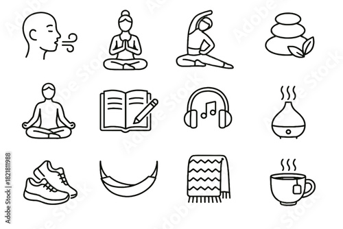 Icon vector herbal stress essential stretching music icons yoga shoes relief walking