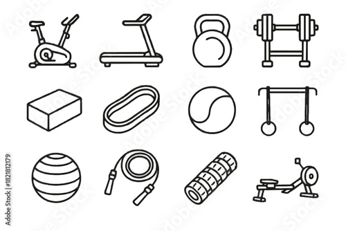 Dumbbell fitness roller virtual vector icon machine rowing treadmill set band ball