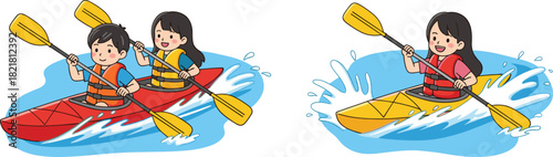 “Children kayaking together in colorful boats creating splashes on water, outdoor adventure activity, summer recreation illustration with life jackets, safe family fun”