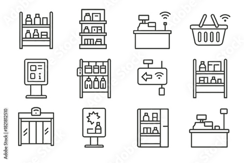 Retail shopping vector shelf corner aisle kiosk icon area smart checkout rack