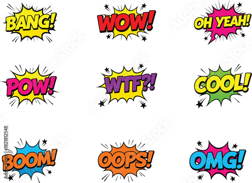 Colorful comic style expression bubble set with bold text effects, dynamic pop art elements, vibrant explosive shapes, fun cartoon typography, isolated design
