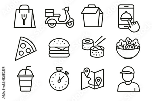 Delivery roll icons bag cup driver slice vector icon box food salad