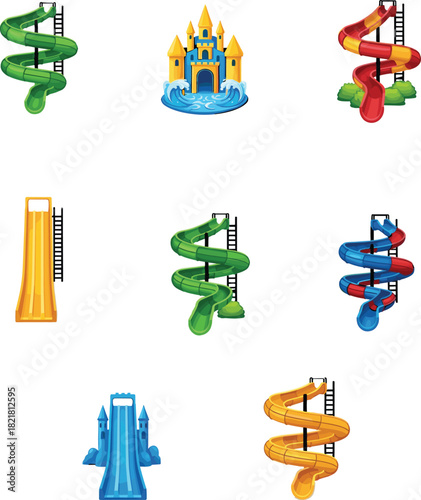 Colorful waterpark slides collection featuring spiral slides, straight slides, splash castle, amusement park elements, vibrant summer playground equipment for kids and families, vector illustration