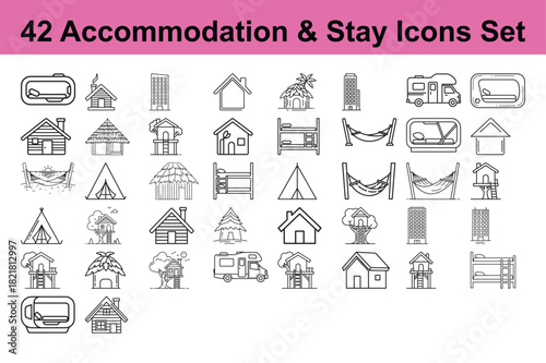 Set of 42 Accommodation and Stay Icons Featuring Camping, Hostel, and Hotel Outlines in Line Style for UI, UX, Web, Apps, and Graphic Design Projects
