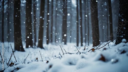 A dense snow-covered forest with many tall trees