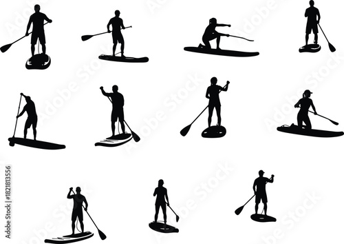 "Silhouette collection of people stand up paddle boarding, dynamic paddle board poses, outdoor water sports activity set, recreation illustration"