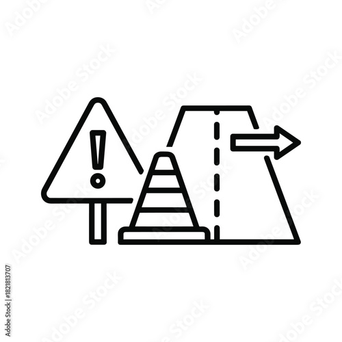 Road work sign and traffic cone indicating detour or lane shift