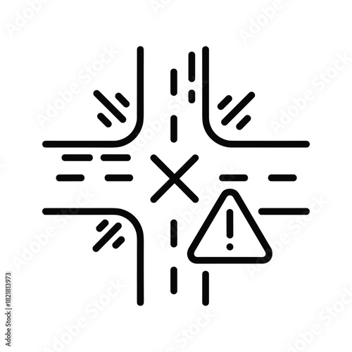 Black and white line icon of a dangerous intersection with warning sign