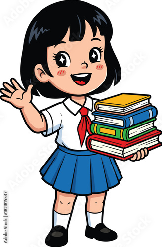 Cute cartoon schoolgirl holding stack of books, smiling child student in uniform, cheerful education illustration for learning, studying and school themes