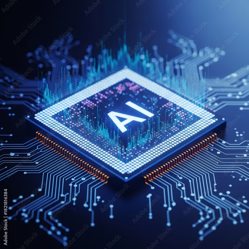 Fototapeta premium AI processor. Artificial intelligence microchip with glowing circuit board. Concept of computer hardware for machine learning and deep learning.