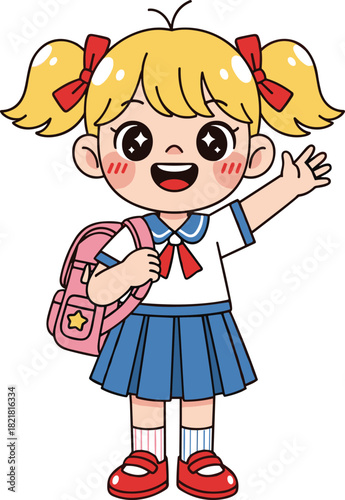 Cute cartoon schoolgirl waving happily with backpack, cheerful child character in school uniform, adorable student illustration for education, learning and children themes