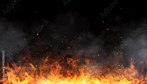 background with fire sparks embers and smoke overlay effect of burn coal grill hell or bonfire with flame glow flying orange sparkles and fog on black background