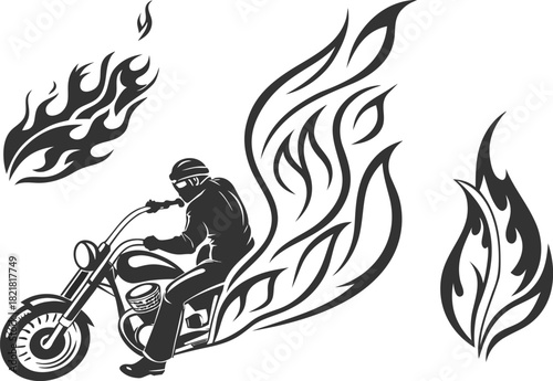 Motorcyclist on chopper with dynamic flames and tribal fire designs, isolated on white background