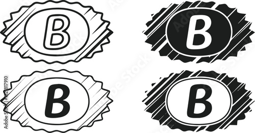 Set of four handdrawn letter b badges with scribble texture, isolated on white background