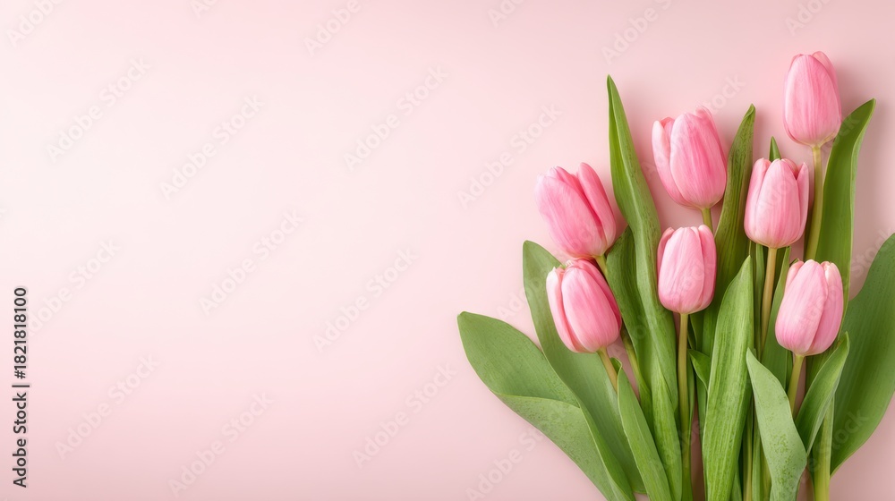 Obraz premium A Beautiful Bouquet of Soft Pink Tulips on a Subtle Pink Background, Perfectly Arranged for a Spring Floral Decoration or Gift Presentation
