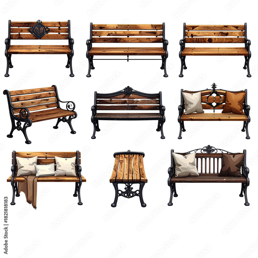 Fototapeta premium - set of various style designs of park or outdoor waiting bench isolated with transparent background cutout - Generative AI 