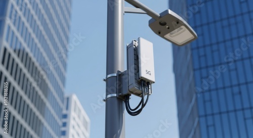 Fototapeta Naklejka Na Ścianę i Meble -  5g small cell base station mounted on a pole with a street light. Next-generation communication technology for smart city infrastructure and connectivity.