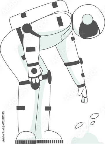 A robot is bending over to pick up a small object