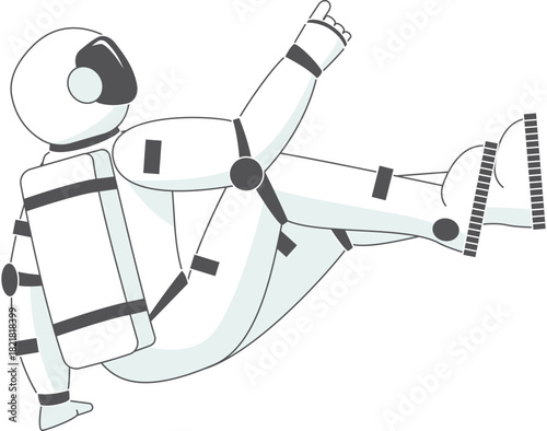 A cartoon astronaut is floating in space with his arms outstretched