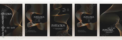Golden Luxury  invitation card background, Premium geometric wave gold line frame typography design. Elegant Template for advertising, gala card, grand opening, party invitation, layout big set.