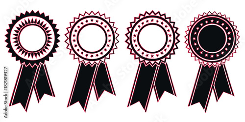 Set of four black and white award rosette ribbons with various designs, isolated on white background