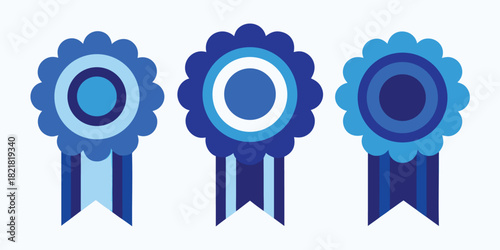 Three blue award ribbons or rosettes symbolizing achievement, victory, and recognition