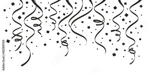 Falling black confetti and curly streamers for party celebration isolated on white background