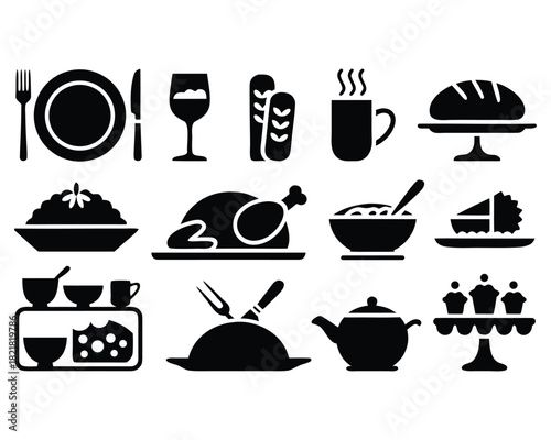 Kitchen cooking icons set vector silhouette of food, drink, coffee, and tea utensils