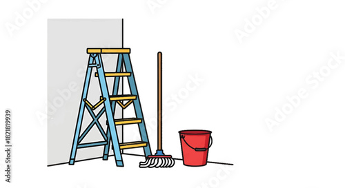 A blue step ladder stands beside a mop, broom, and red bucket by a wall, ready for cleanup tasks now