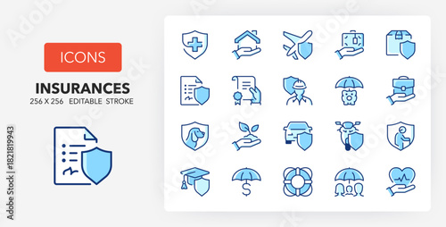 Line icons about insurance concepts. Contains such icons as retirement, policy, health and more. 256x256 Pixel Perfect editable in colors