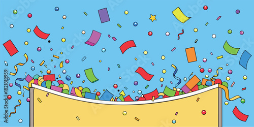 Colorful confetti and streamers falling over a yellow banner on a blue background, celebrating a festive event