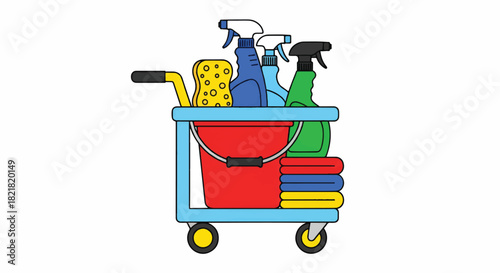 A blue utility cart stacked with cleaning gear spray bottles, sponge, bucket, and towels. On shelf!