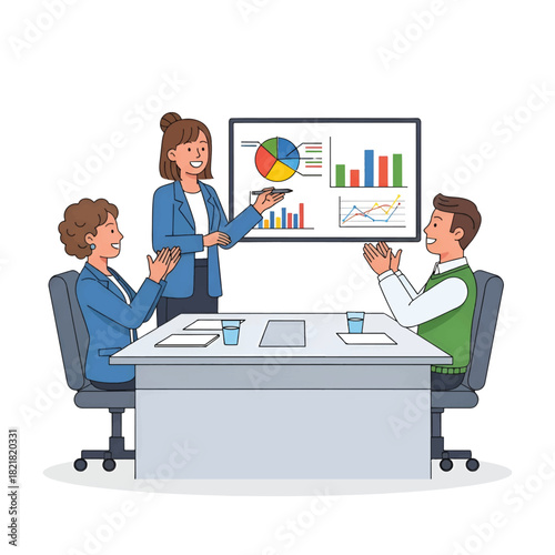A business presentation with a presenter pointing at charts on a display, colleagues applauding now!