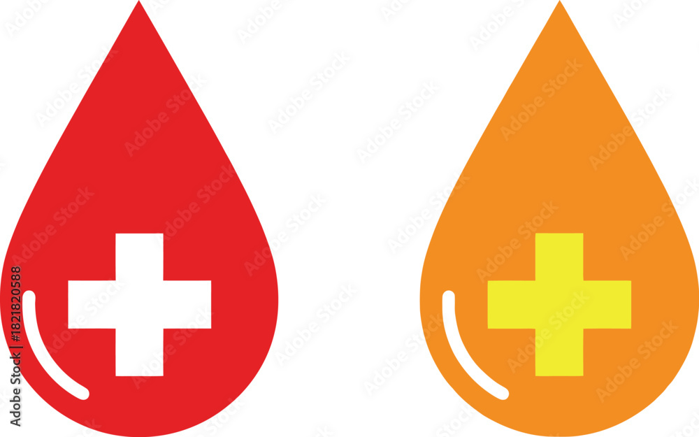 Fototapeta premium Two stylized blood drop icons with plus signs inside red and orange
