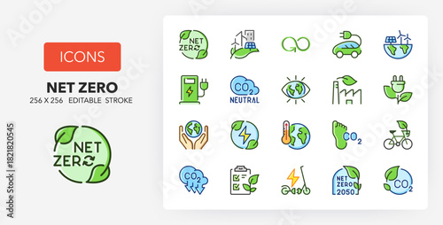 Line icons about sustainable development. Contains such icons as co2 neutral, save the earth, cabon footprint and more. 256x256 Pixel Perfect editable in two colors