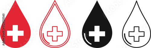 Four blood droplet icons with a white cross symbol inside