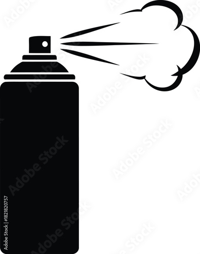A simple black and white illustration of a spray can in action