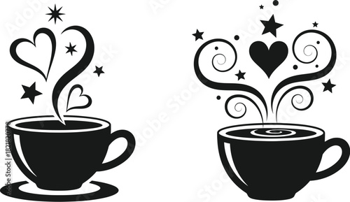 Two black coffee cups with swirling steam and heart motifs