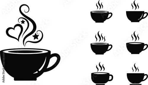 Black and white illustration featuring coffee cups and a heart shaped steam design