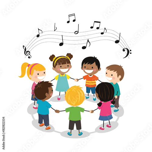 A diverse circle of kids holding hands, smiling and singing as musical notes swirl above. Together!!