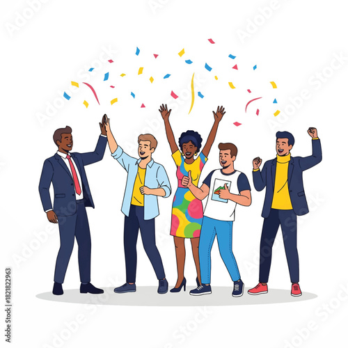 A diverse group of friends celebrates with high fives, bright outfits, and colorful confetti today!!