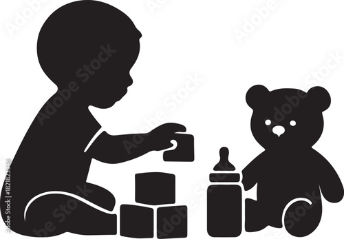 Baby playing with blocks, toddler sitting with bottle and teddy bear silhouette vector