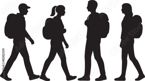 Backpack silhouette illustration, people walking standing poses, travel lifestyle silhouette vector