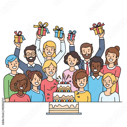 A diverse, smiling group gathers around a multi-tier cake, raising wrapped gifts in celebration now