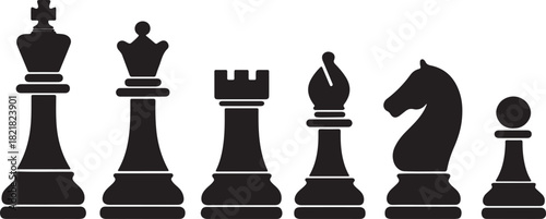 Classic black chess piece set strategic board game elements king queen rook bishop knight pawn design silhouette vector