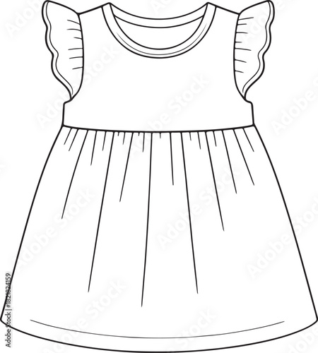 Cute baby girl dress fashion flat sketch, ruffle sleeve design