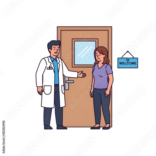 A doctor in a white coat greets a woman by a wooden door with a window, welcoming entry to clinic!!