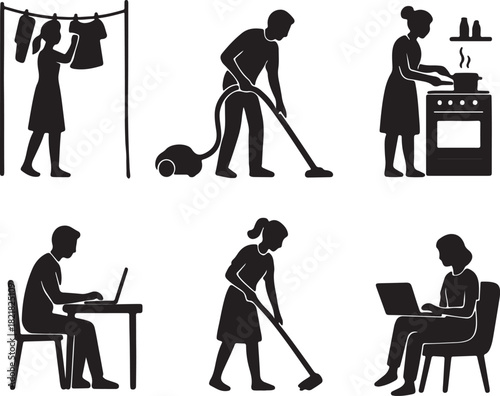 Household chores silhouette vector, people cleaning illustration